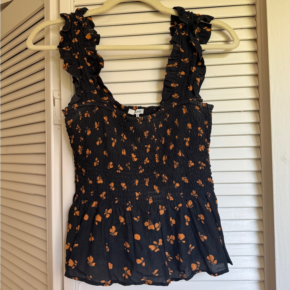 Ganni Black and Orange Floral Blouse